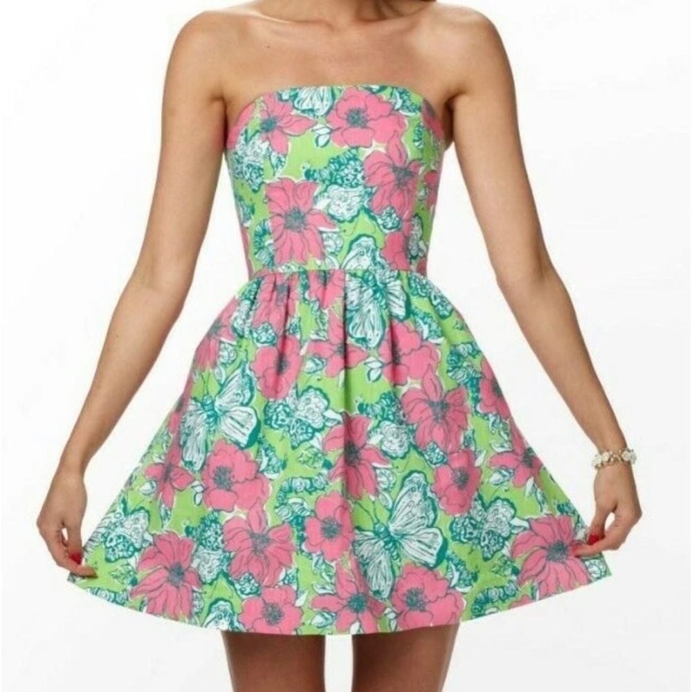 Lilly Pulitzer Pink Green Strapless Butterfly Dress Fit and Flare A-Line Sz 10